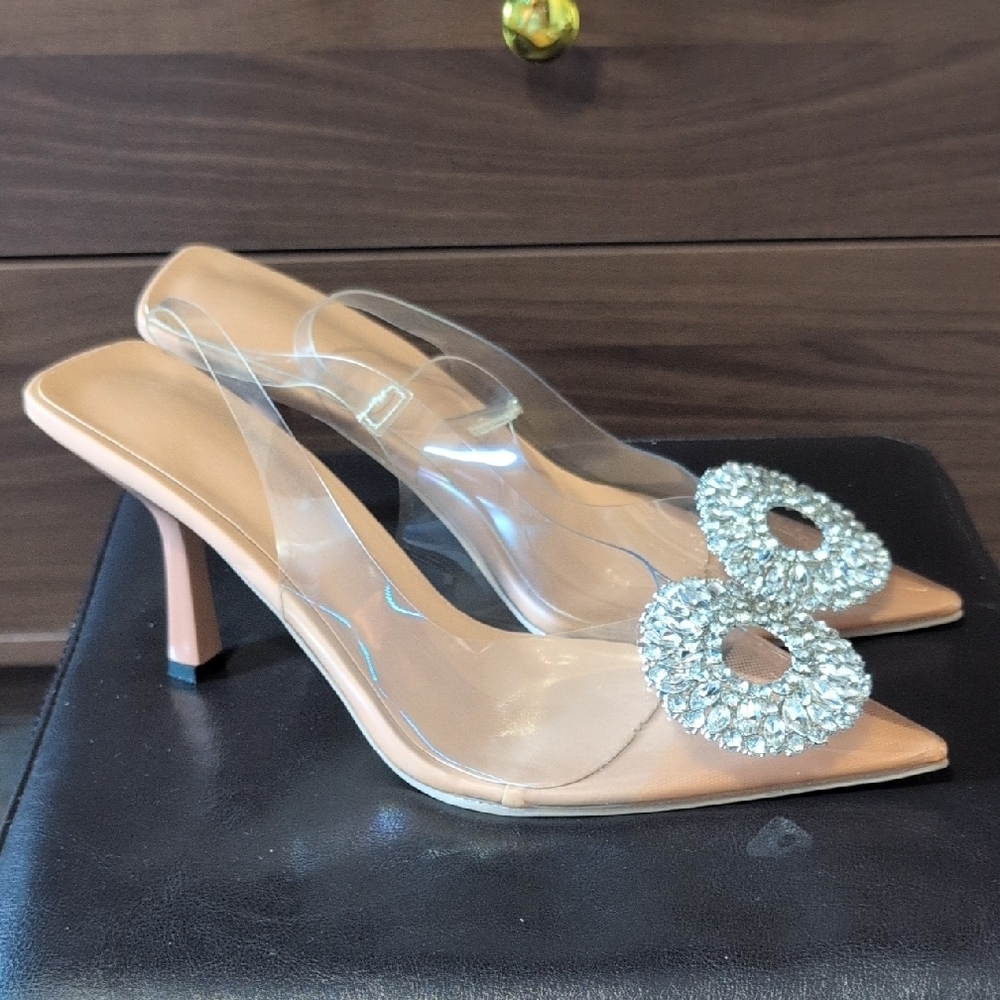 Nude Crystal-Embellished Pointed Toe Slingback Heels - Picture 3 of 7